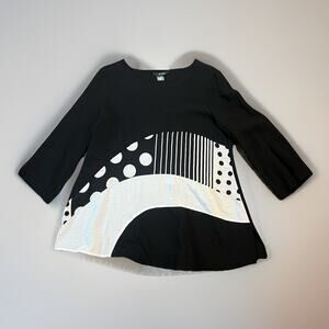 Ali Miles Tunic Top M Black White Polka Dot Stripe Colorblock Boho Art Lagenlook